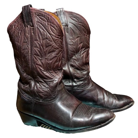 Vtg Nacona Boot Oxblood Leather Flame Stitch Cowboy Western Mens Sz 9.5D Rodeo - Picture 1 of 16
